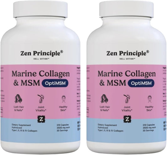 Zen Principle Marine Collagen Peptides Powder with OptiMSM® - Skin Support Supplement. Wild-Caught Fish, Non-GMO. 420 Capsules.