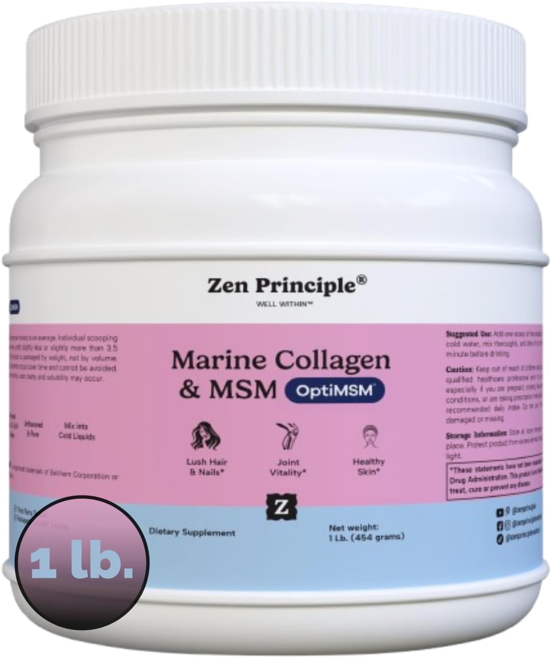Zen Principle Marine Collagen Peptides Powder with OptiMSM® - Skin Support Supplement (16 oz)