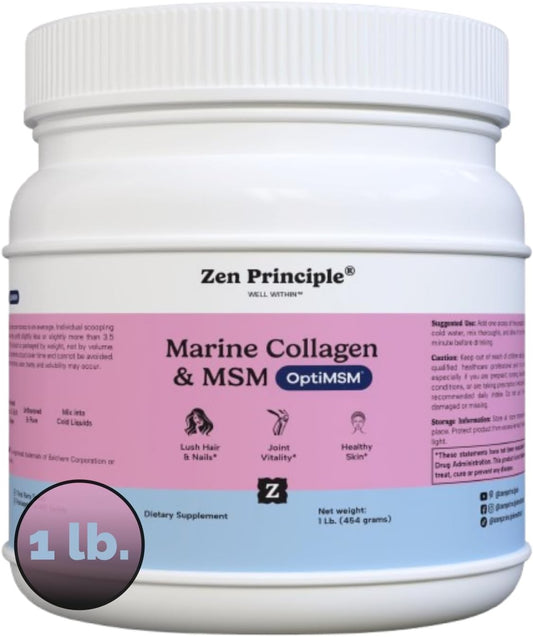 Zen Principle Marine Collagen Peptides Powder with OptiMSM® - Skin Support Supplement (16 oz)