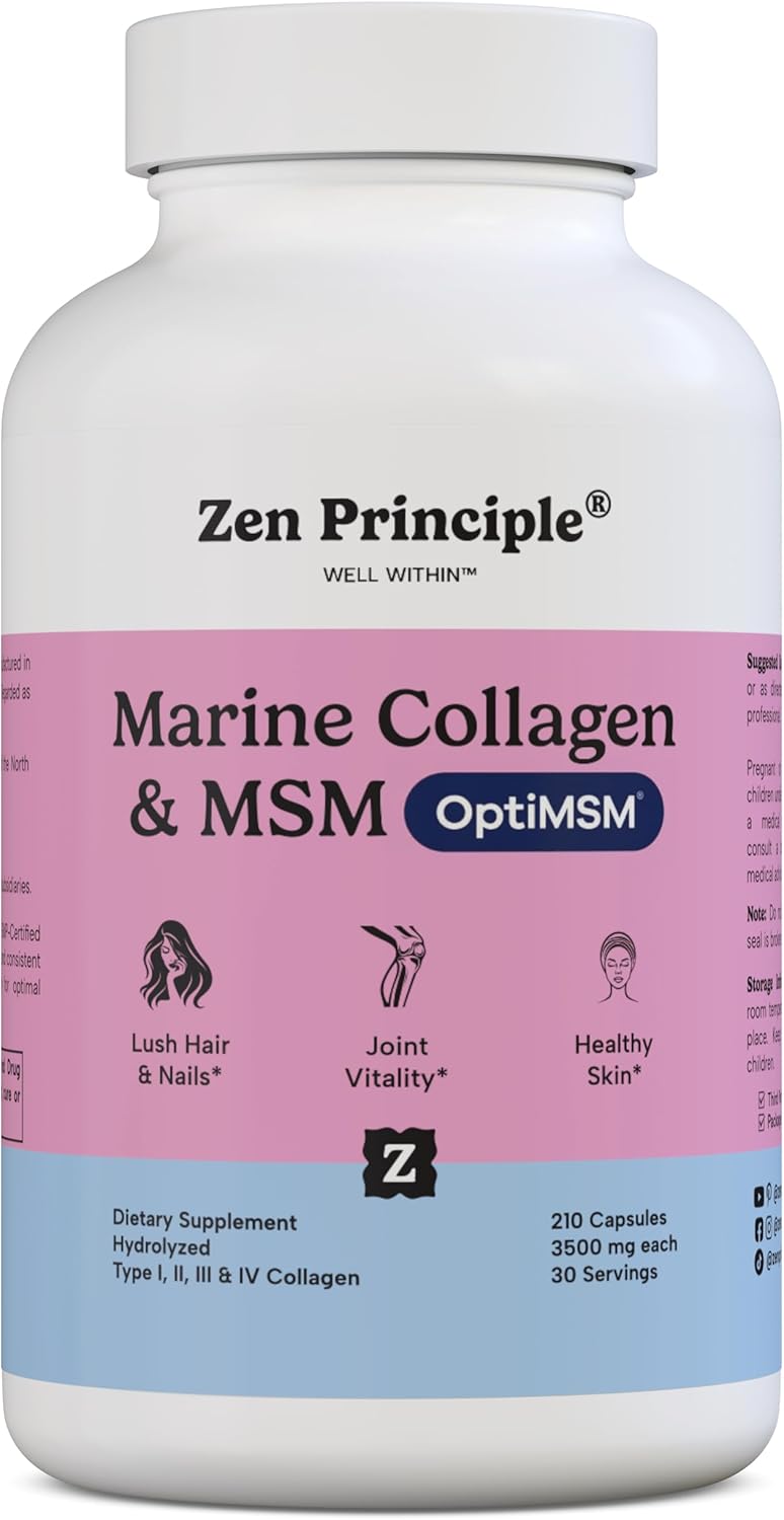 Zen Principle Marine Collagen Peptides Powder with OptiMSM® - Skin Support Supplement. Wild-Caught Fish, Non-GMO. 420 Capsules.