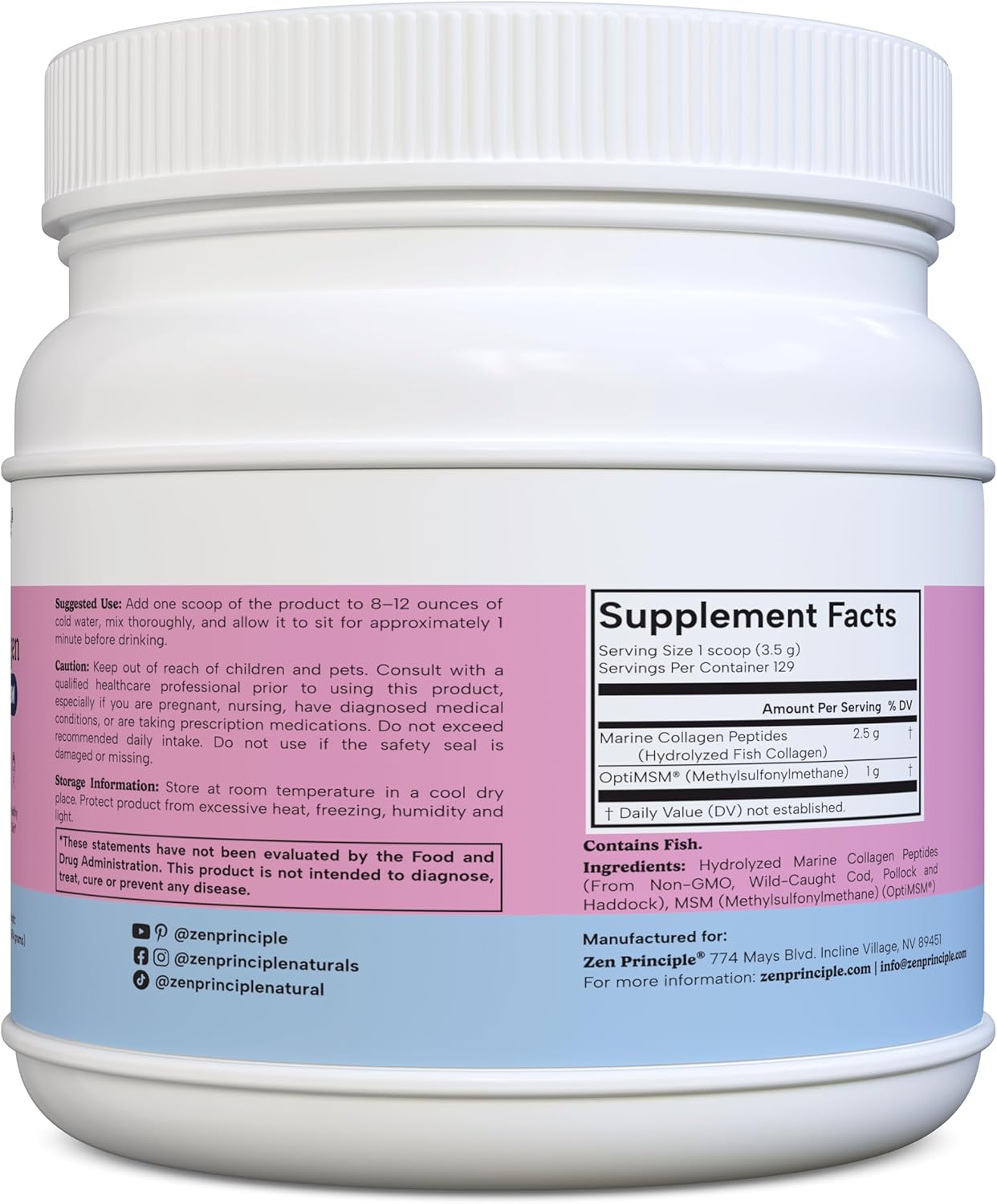 Zen Principle Marine Collagen Peptides Powder with OptiMSM® - Skin Support Supplement (16 oz)