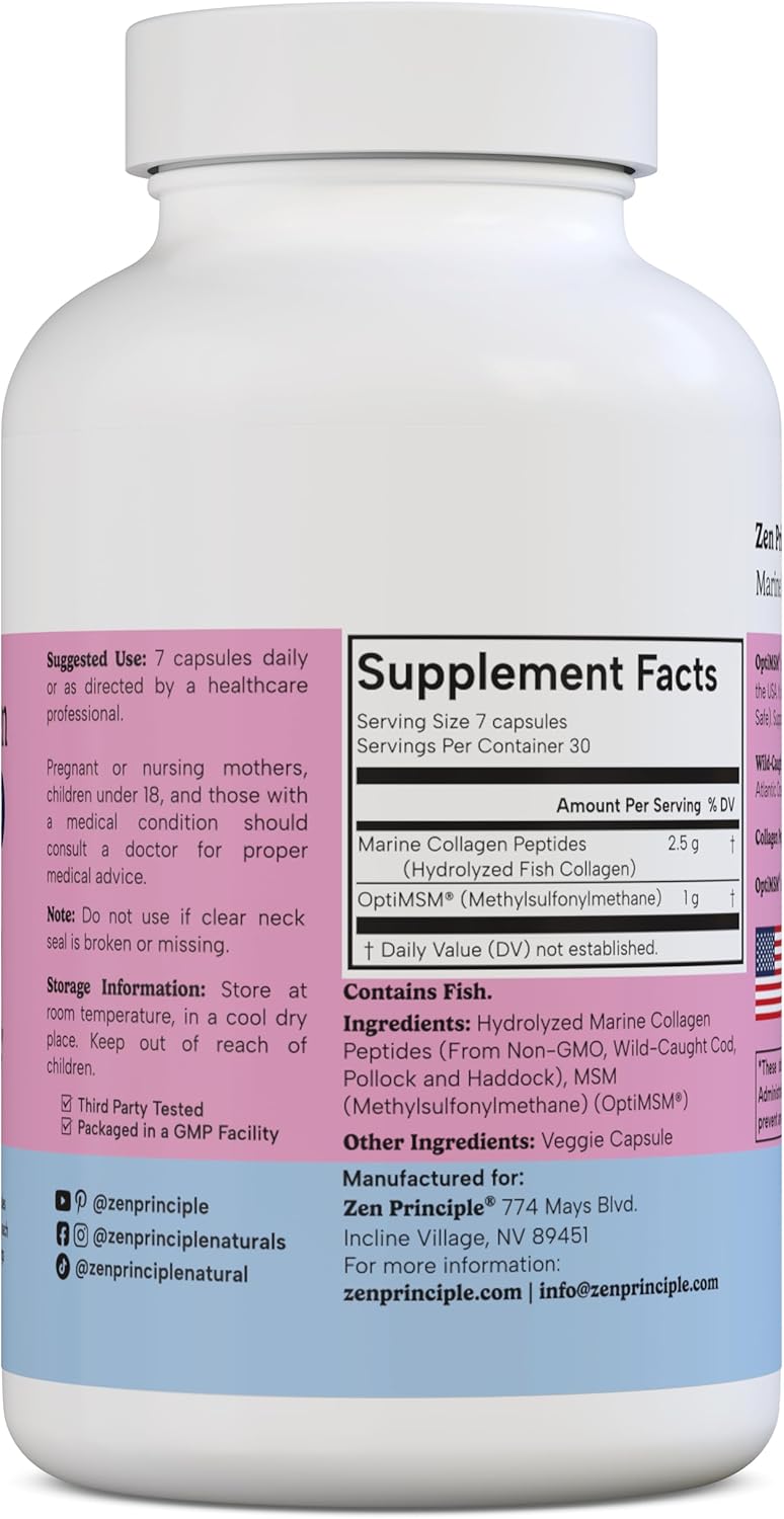 Zen Principle Marine Collagen Peptides Powder with OptiMSM® - Skin Support Supplement. Wild-Caught Fish, Non-GMO. 420 Capsules.