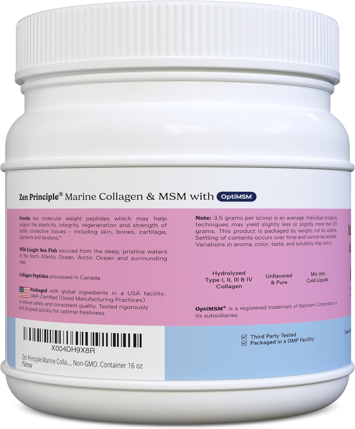 Zen Principle Marine Collagen Peptides Powder with OptiMSM® - Skin Support Supplement (16 oz)