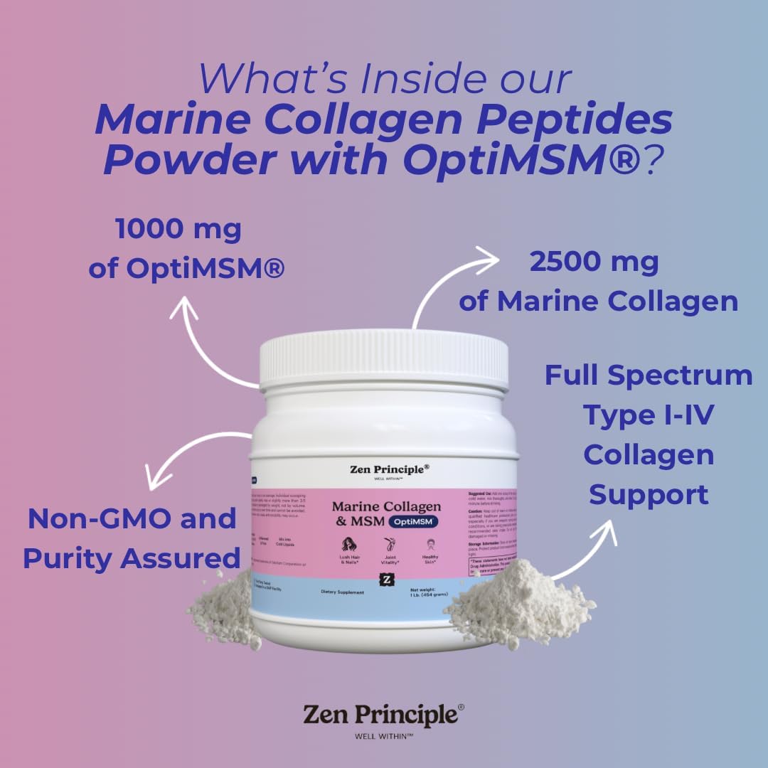 Zen Principle Marine Collagen Peptides Powder with OptiMSM® - Skin Support Supplement (16 oz)