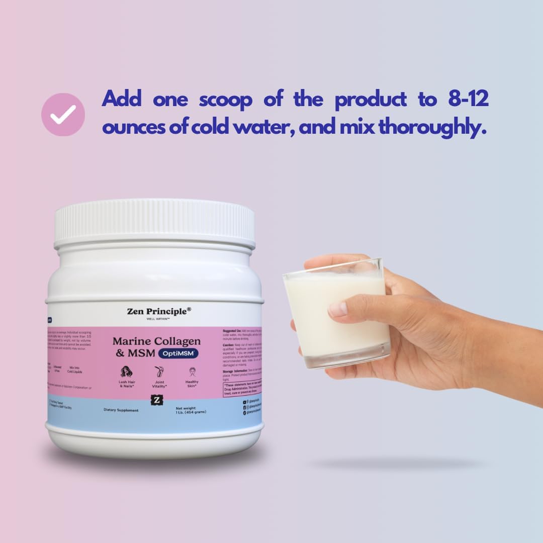 Zen Principle Marine Collagen Peptides Powder with OptiMSM® - Skin Support Supplement (16 oz)