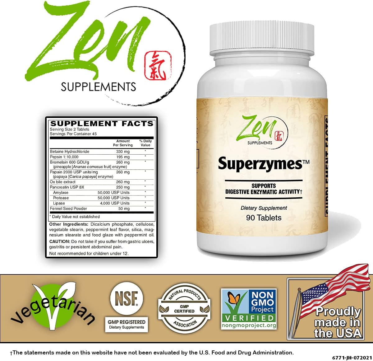 Zen Supplements Superzymes Multi-Enzyme Formula with Pepsin, Bromelain, Papain, Pancreatin, and Betaine HCL - 90 Tablets