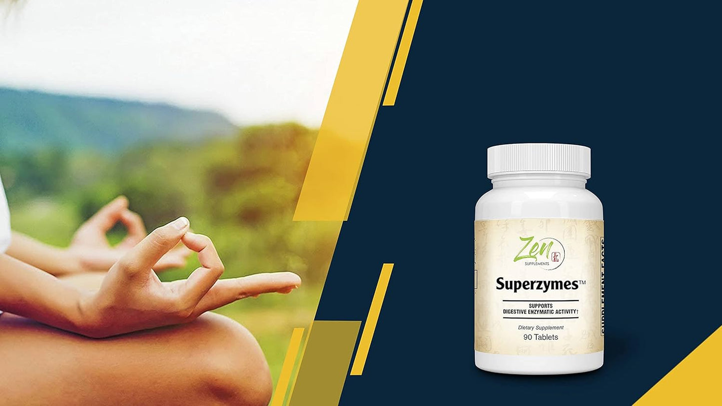 Zen Supplements Superzymes Multi-Enzyme Formula with Pepsin, Bromelain, Papain, Pancreatin, and Betaine HCL - 90 Tablets