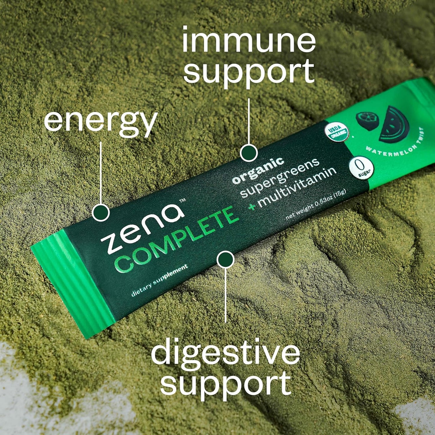 Zena Fit Nutrition Zena Complete Organic Super Greens Powder & Multivitamin with 90+ Nutrient-Rich Ingredients, Watermelon Citrus Flavor, 30 Packets