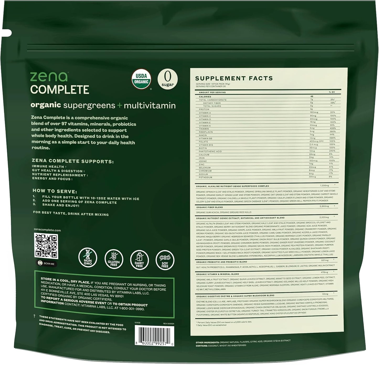 Zena Fit Nutrition Zena Complete Organic Super Greens Powder & Multivitamin with 90+ Nutrient-Rich Ingredients, Watermelon Citrus Flavor, 30 Packets