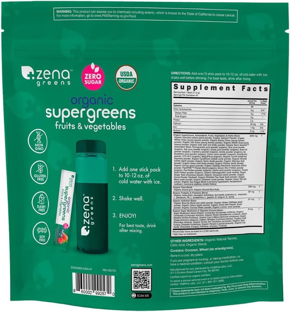 Zena Greens Organic Superfood Blend with Probiotics & Antioxidants - 70+ Superfoods, 10g Superfoods, 5g Fiber - 45 Stick Packs for Hydration