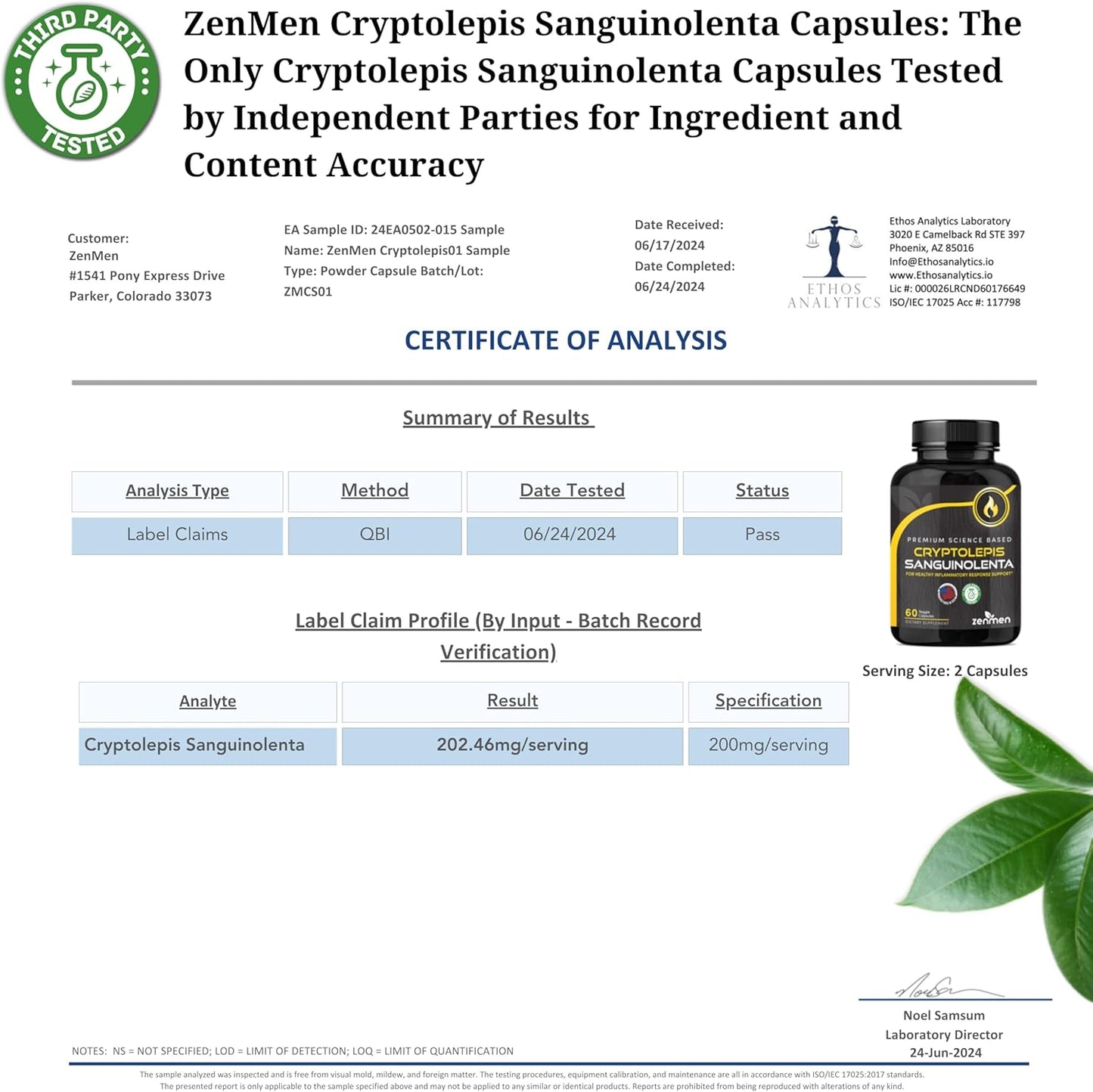 Zenmen Cryptolepis Sanguinolenta Capsules - Immune Boosting and Wellness Supplement - Made in USA - 60 Capsules