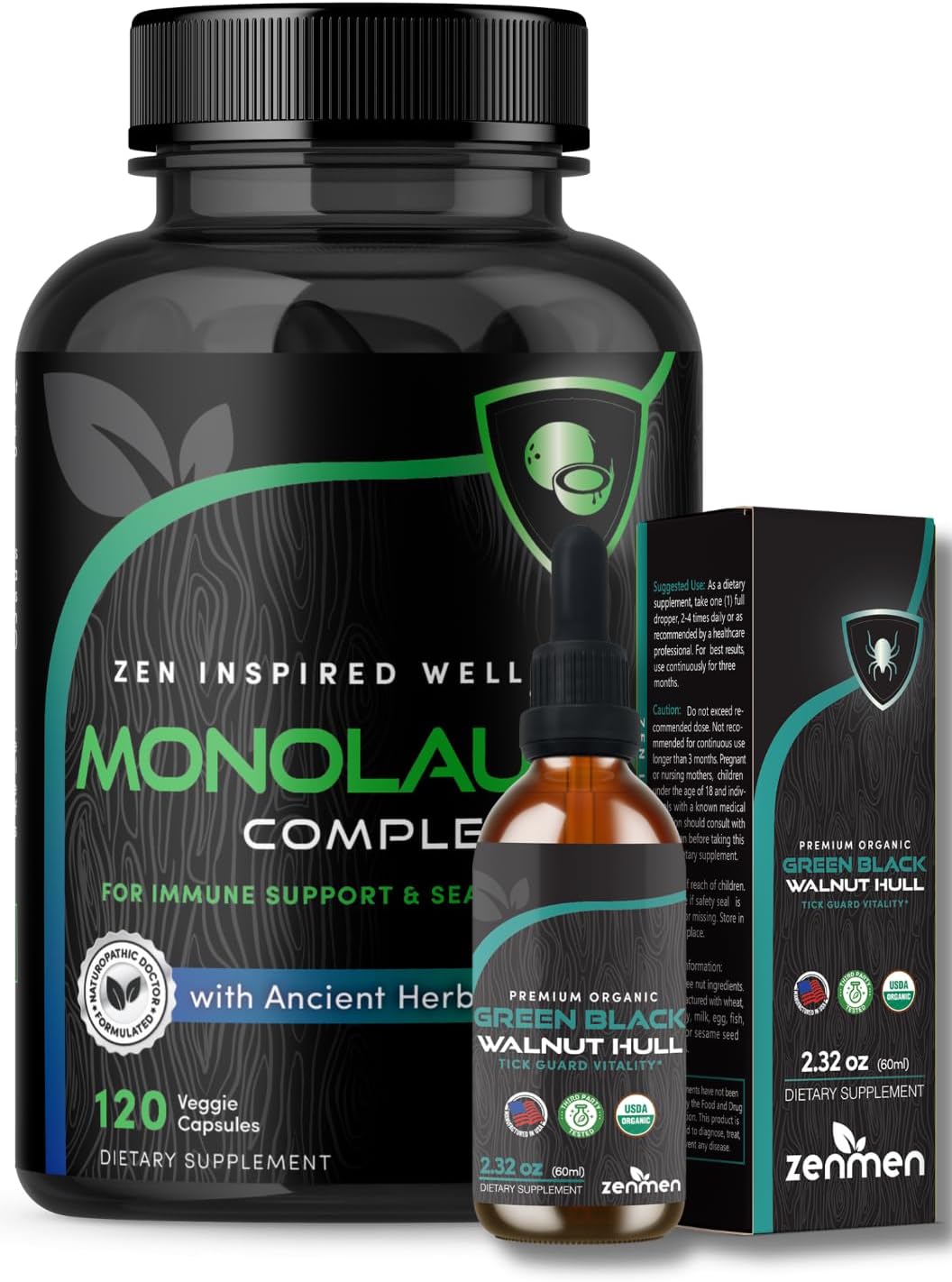 Zenmen Immune Support: Green Black Walnut & Monolaurin Capsules - Bundle for Wellness & Defense