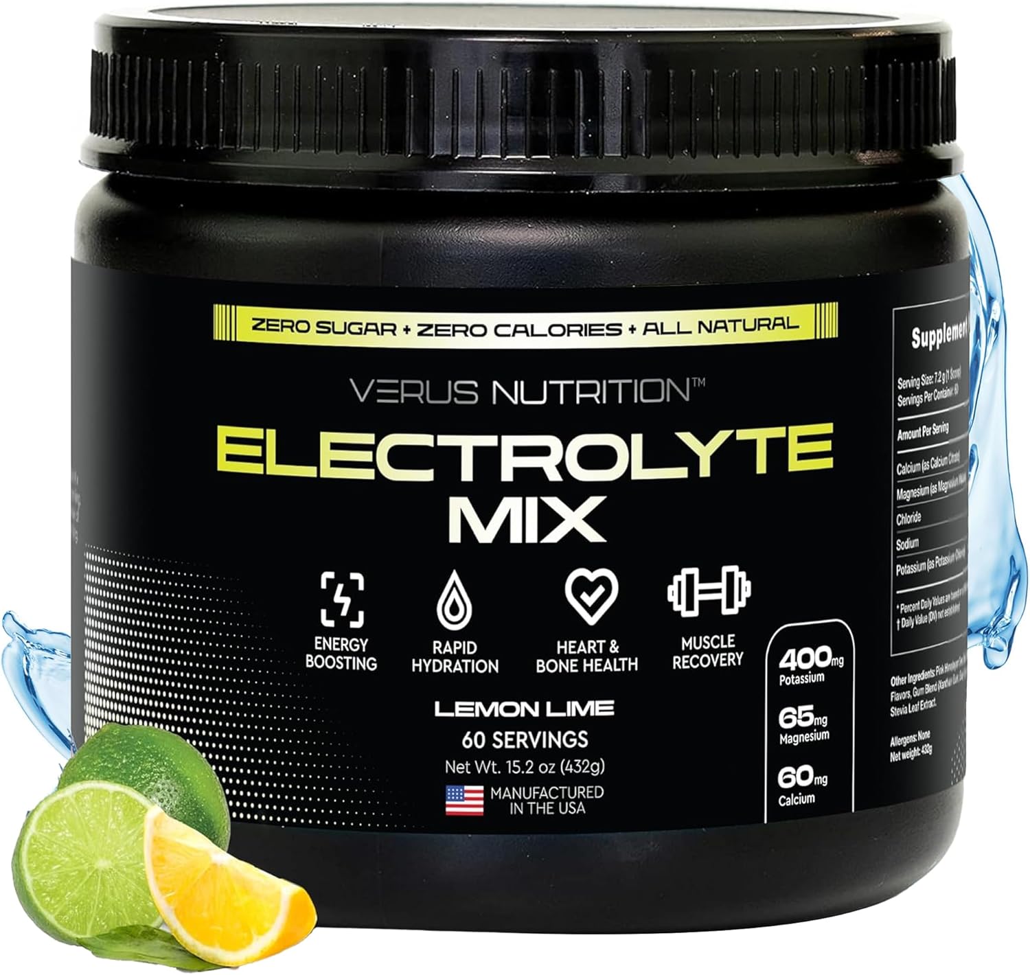 Zero Calorie Electrolyte Powder for Fasting, Keto & Vegan Diets - Natural Ingredients, 60 Servings