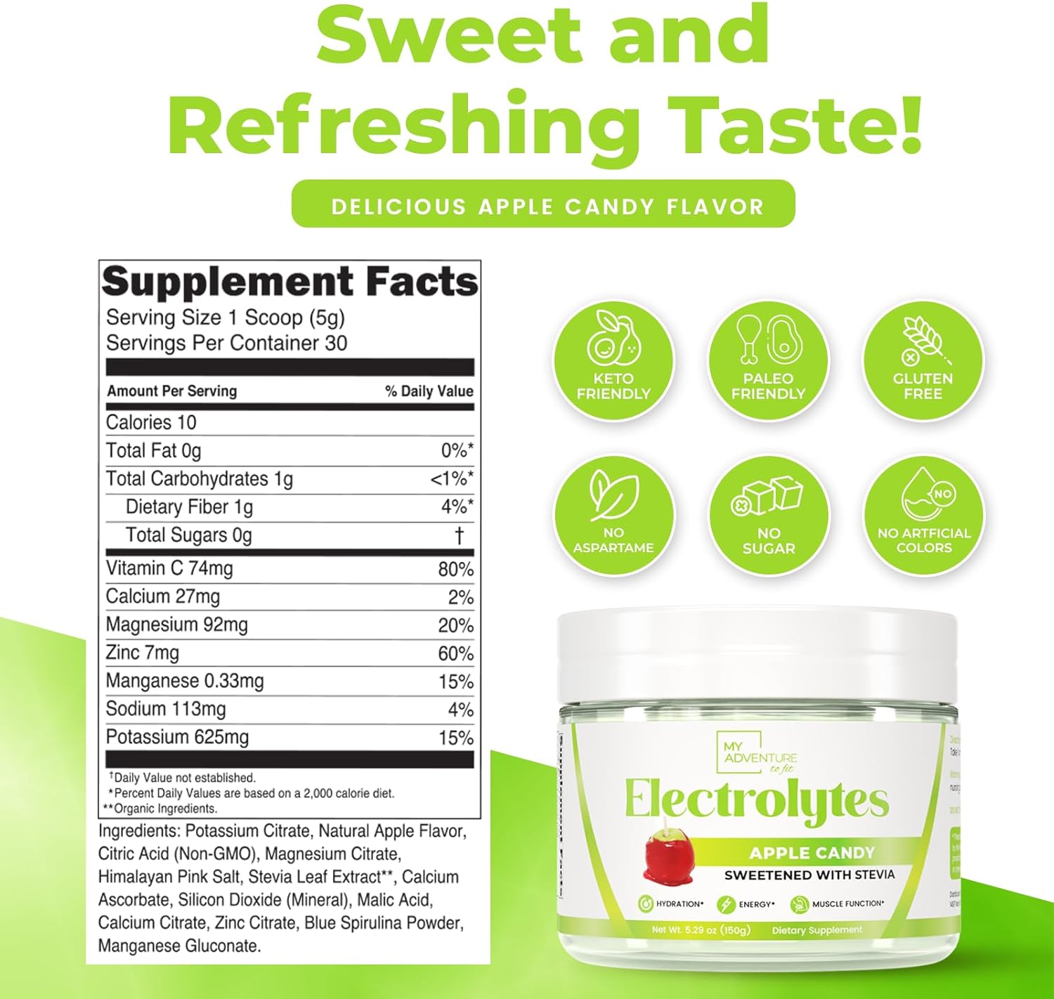 Zero Sugar Apple Candy Electrolytes Powder - Natural Energy & Hydration Drink Mix - Vegan, Keto, Paleo - Caffeine-Free