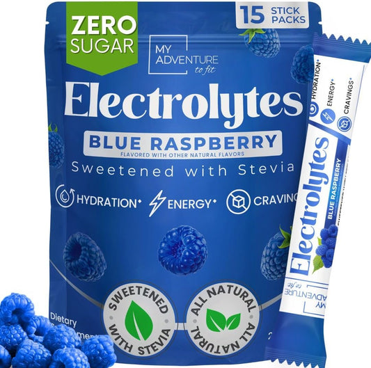 Zero Sugar Blue Raspberry Electrolyte Powder Drink Mix - Natural Hydration Boost - Caffeine-Free Energy - Vegan, Keto, Paleo - 15 Pack