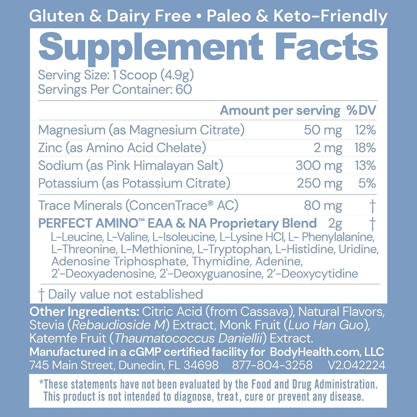 Zero Sugar BodyHealth PerfectAmino Electrolytes Powder Drink Mix - Passion Fruit Flavor - 60 Servings, Keto-Friendly & Hydration Support with Trace Minerals