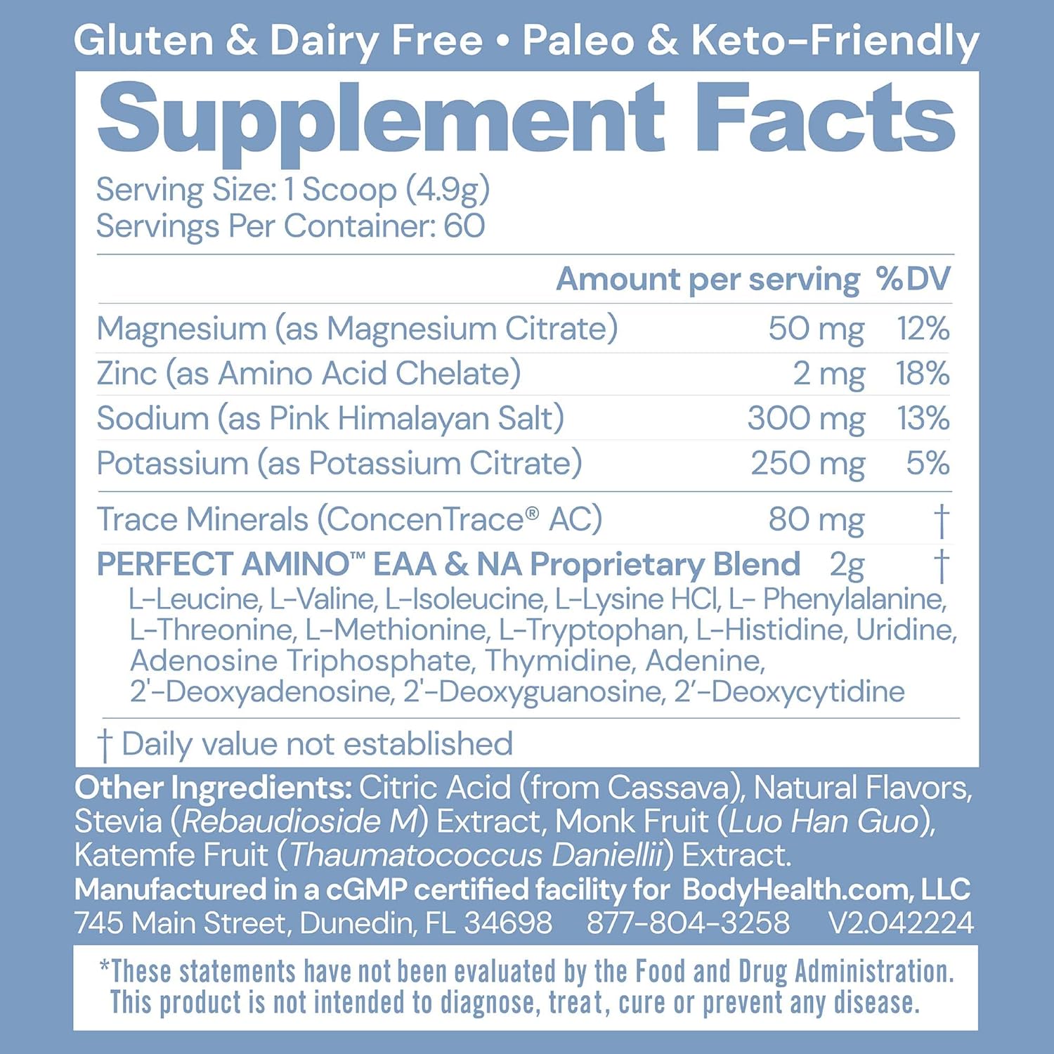 Zero Sugar BodyHealth PerfectAmino Electrolytes Powder Drink Mix - Passion Fruit Flavor - 60 Servings, Keto-Friendly & Hydration Support with Trace Minerals