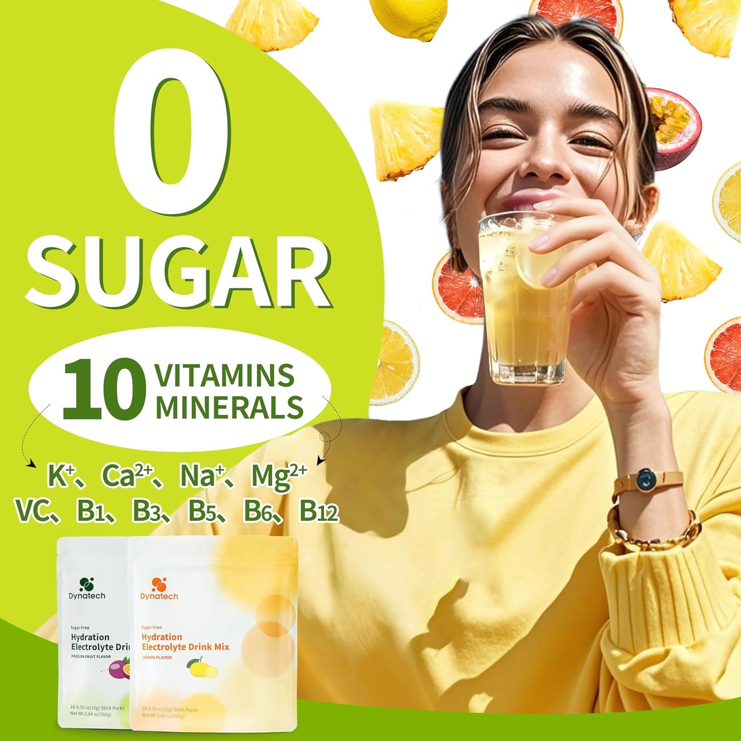 Zero Sugar Electrolyte Drink Mix - Lemon & Passion Fruit Flavor - Hydration Powder with 10 Electrolytes & Vitamins | Non-GMO, Gluten Free, Vegan - 32 Servings