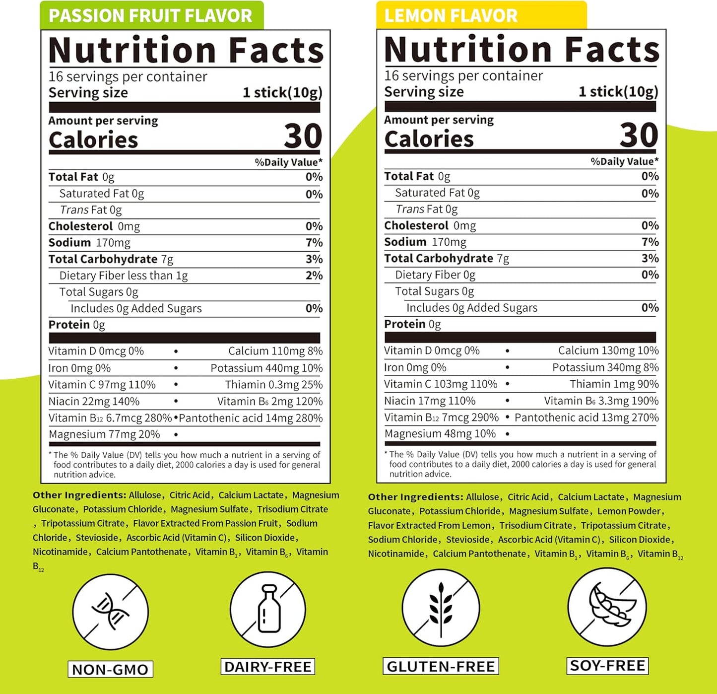 Zero Sugar Electrolyte Drink Mix - Lemon & Passion Fruit Flavor - Hydration Powder with 10 Electrolytes & Vitamins | Non-GMO, Gluten Free, Vegan - 32 Servings