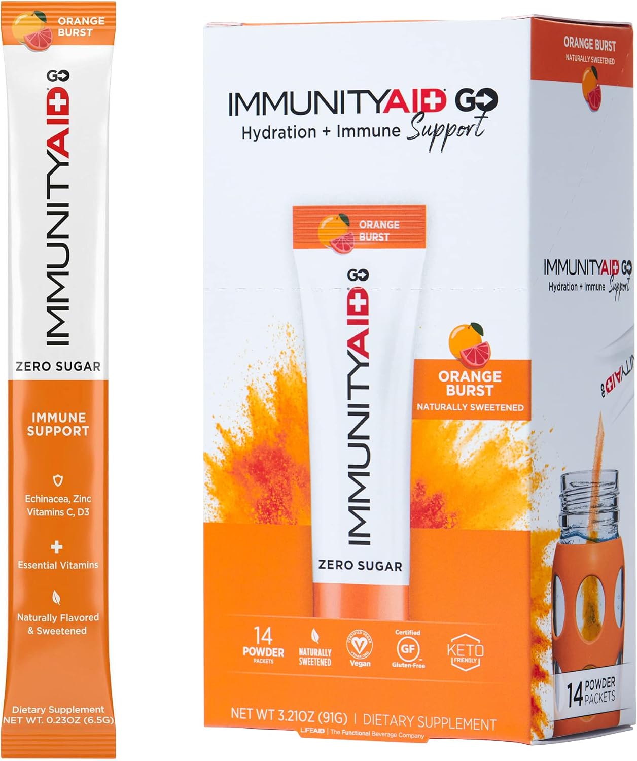 Zero Sugar Immunity + Hydration Packets with Vitamin C, Echinacea, Zinc, Astragalus Root - Keto-friendly, Vegan, Gluten-Free, 5 Calories, Naturally Sweetened - No Caffeine - 14 Pack