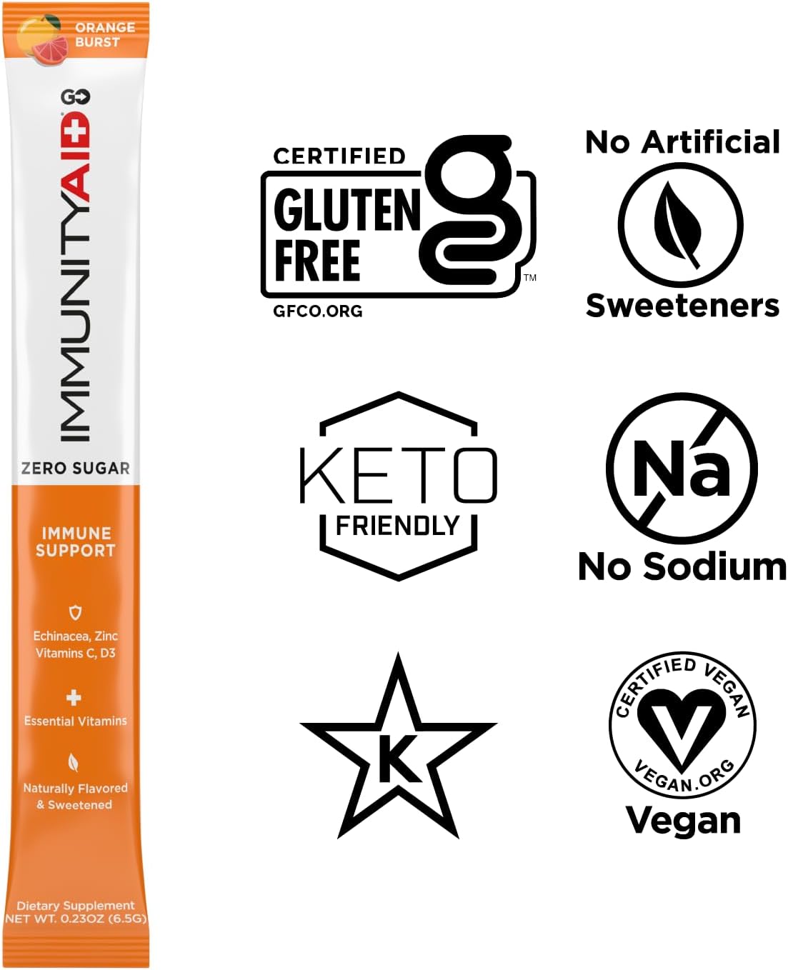 Zero Sugar Immunity + Hydration Packets with Vitamin C, Echinacea, Zinc, Astragalus Root - Keto-friendly, Vegan, Gluten-Free, 5 Calories, Naturally Sweetened - No Caffeine - 14 Pack