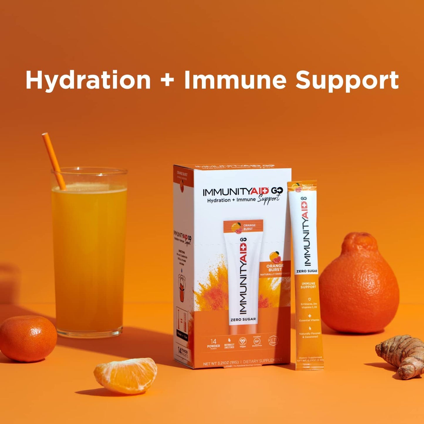 Zero Sugar Immunity + Hydration Packets with Vitamin C, Echinacea, Zinc, Astragalus Root - Keto-friendly, Vegan, Gluten-Free, 5 Calories, Naturally Sweetened - No Caffeine - 14 Pack