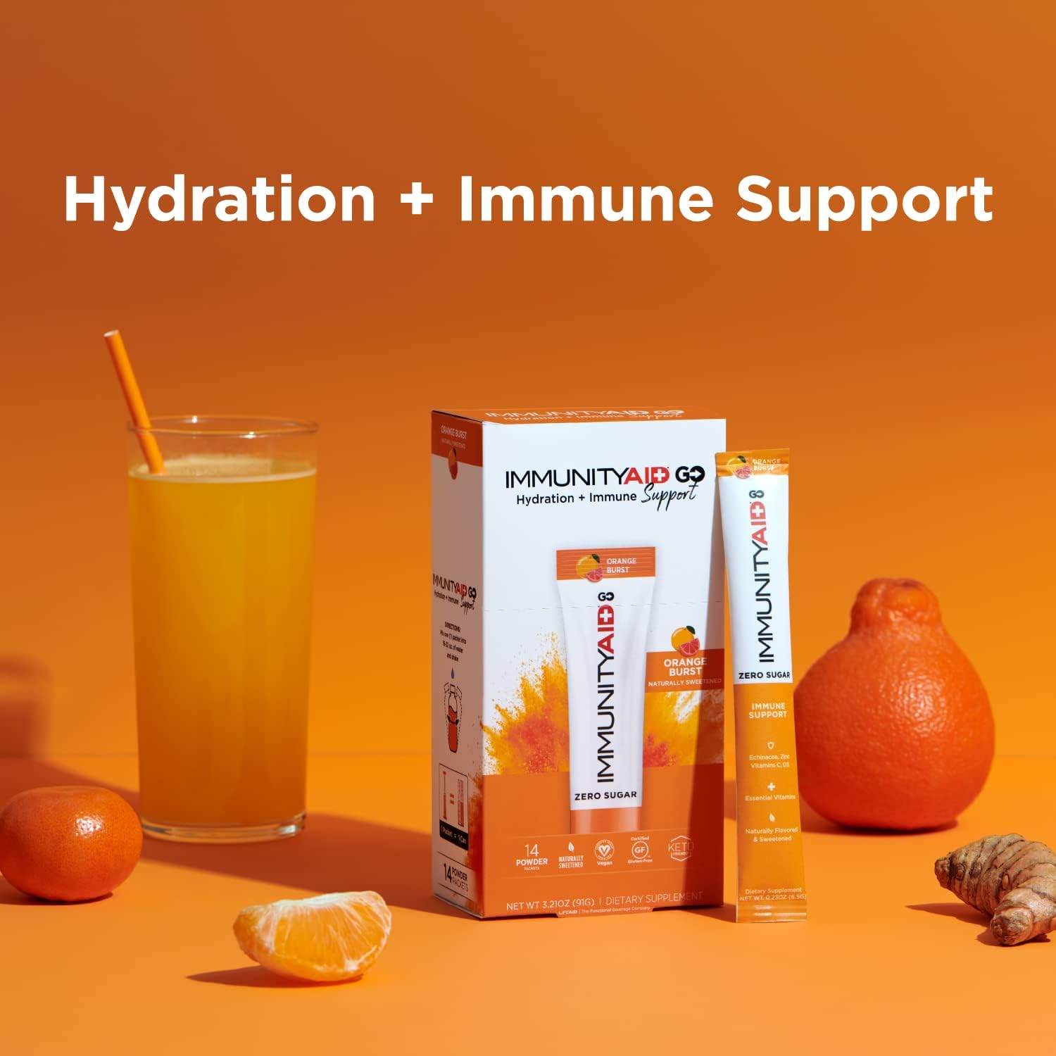 Zero Sugar Immunity + Hydration Packets with Vitamin C, Echinacea, Zinc, Astragalus Root - Keto-friendly, Vegan, Gluten-Free, 5 Calories, Naturally Sweetened - No Caffeine - 14 Pack