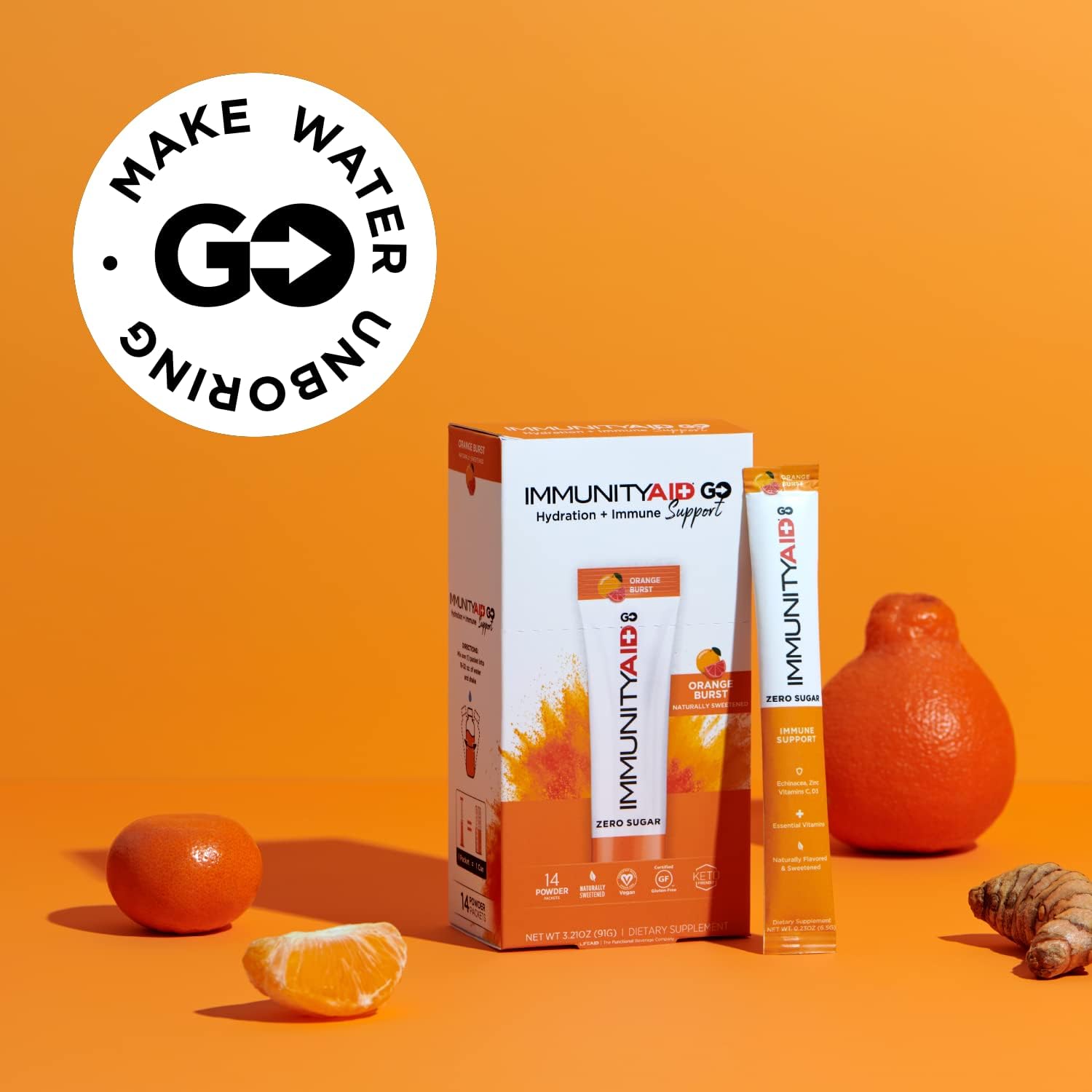 Zero Sugar Immunity + Hydration Packets with Vitamin C, Echinacea, Zinc, Astragalus Root - Keto-friendly, Vegan, Gluten-Free, 5 Calories, Naturally Sweetened - No Caffeine - 14 Pack