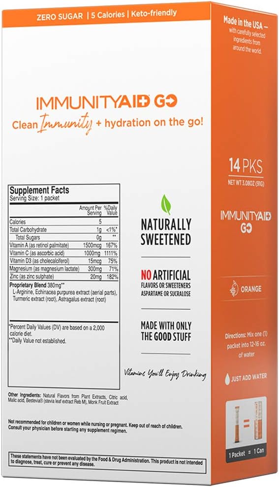 Zero Sugar Immunity + Hydration Packets with Vitamin C, Echinacea, Zinc, Astragalus Root - Keto-friendly, Vegan, Gluten-Free, 5 Calories, Naturally Sweetened - No Caffeine - 14 Pack