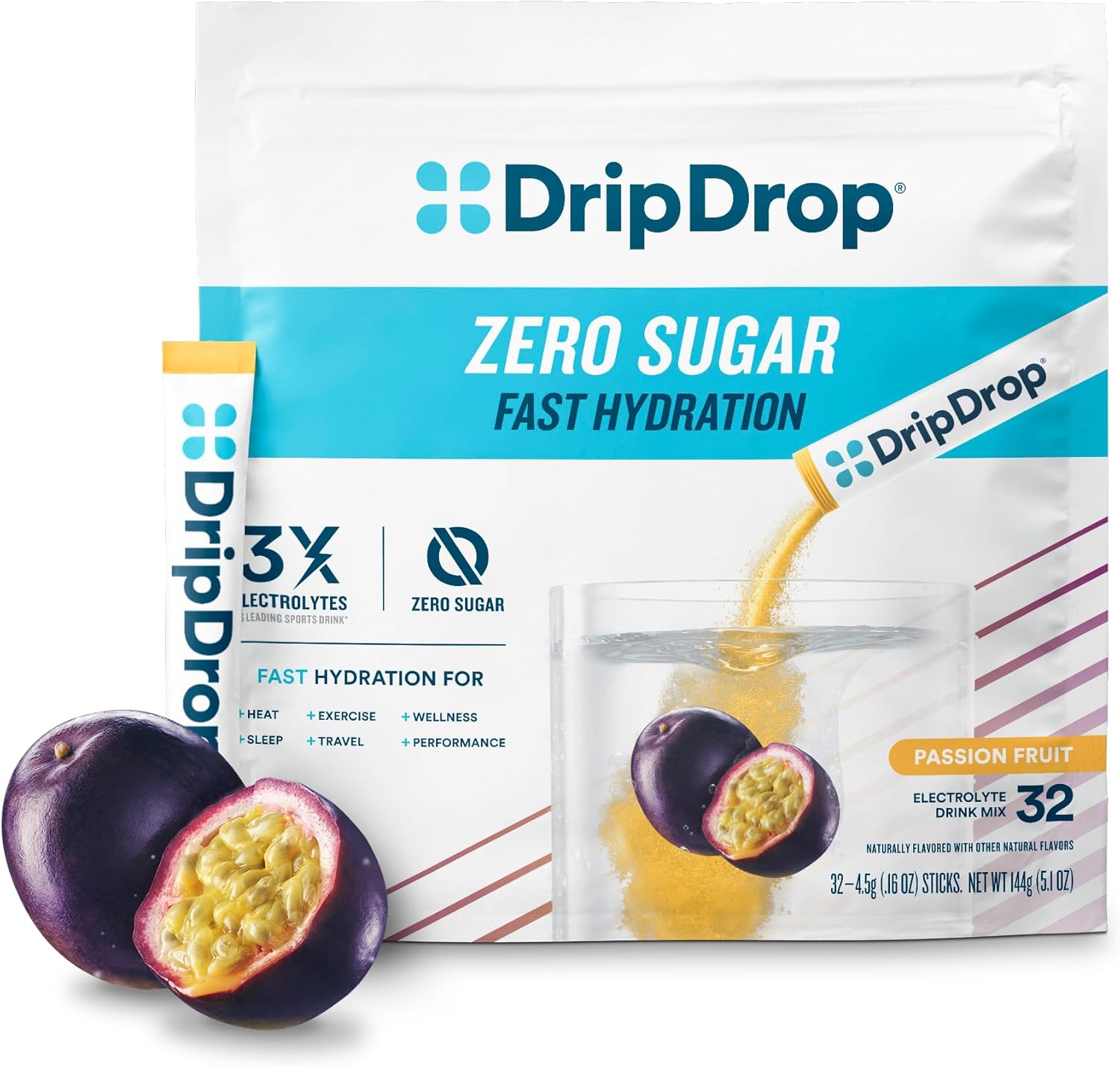 Zero Sugar Passion Fruit Electrolyte Drink Mix Powder Packets - 32 Single Serve Sticks | DripDrop Hydration, Non-GMO, Gluten Free, Vegan