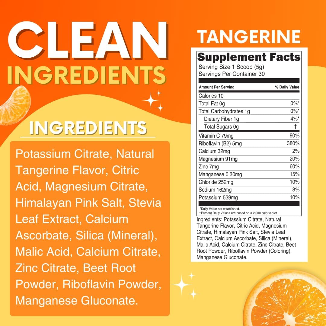 Zero Sugar Tangerine Electrolytes Powder - All Natural Caffeine Free Energy - Vegan, Keto & Paleo Friendly - Sugar Free Hydration Drink Mix - 30 Servings