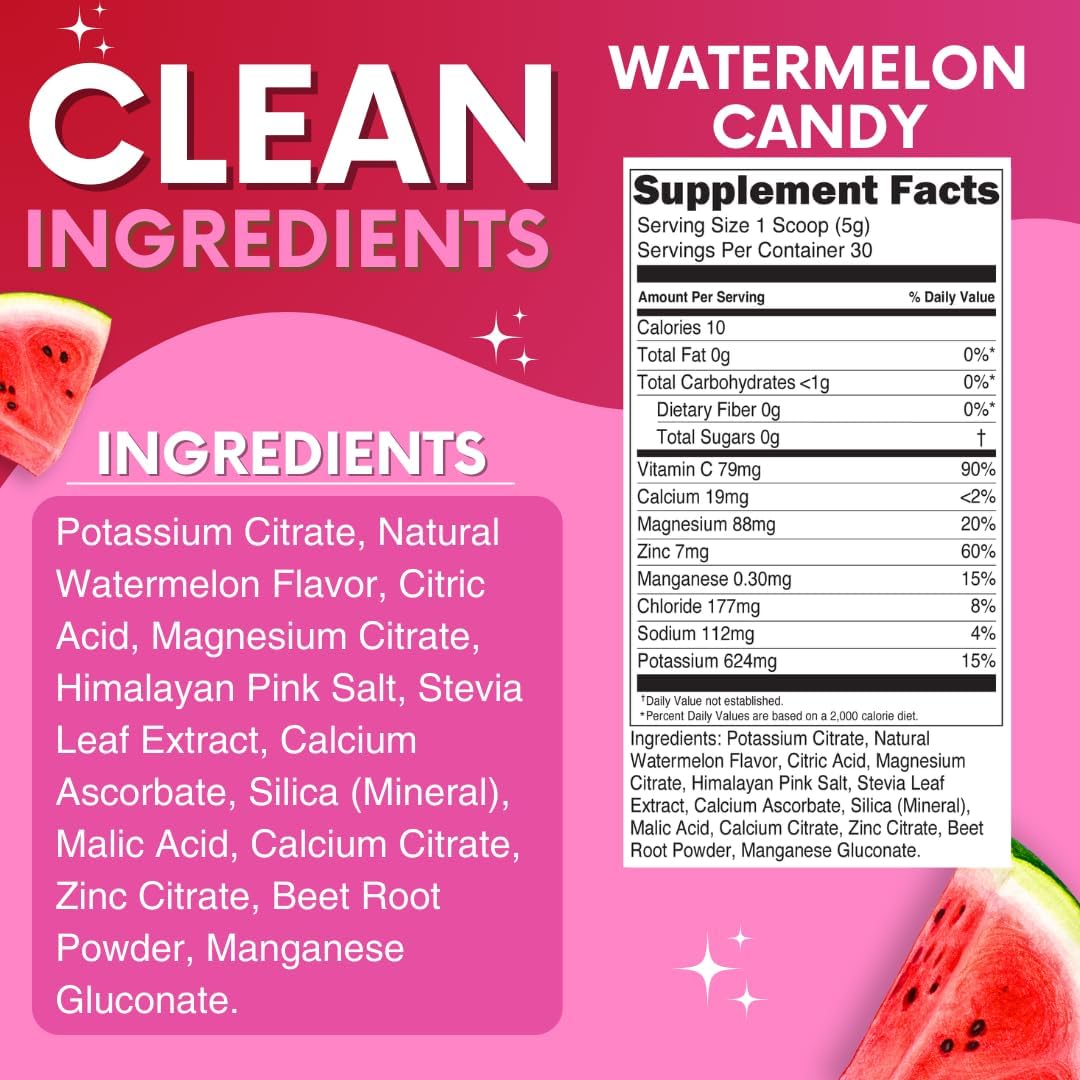Zero Sugar Watermelon Candy Electrolyte Powder for Refreshing Hydration - Natural Energy Boost - Vegan, Keto, Paleo - Sugar-Free Drink Mix - 30 Servings