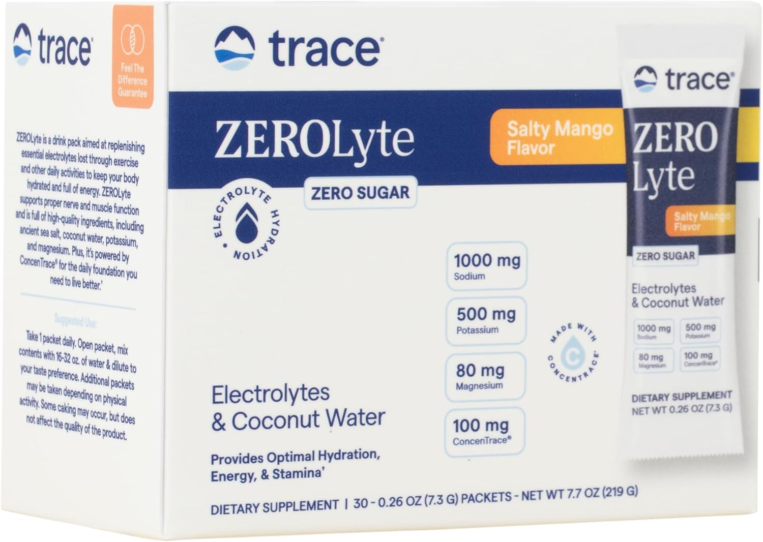 ZeroLyte Salty Mango Drink Mix Powder - Hydration & Energy Support with Trace Minerals - Promotes Healthy Nerve, Muscle, Heart, and Digestion Function - 30 Packets for 30 Servings