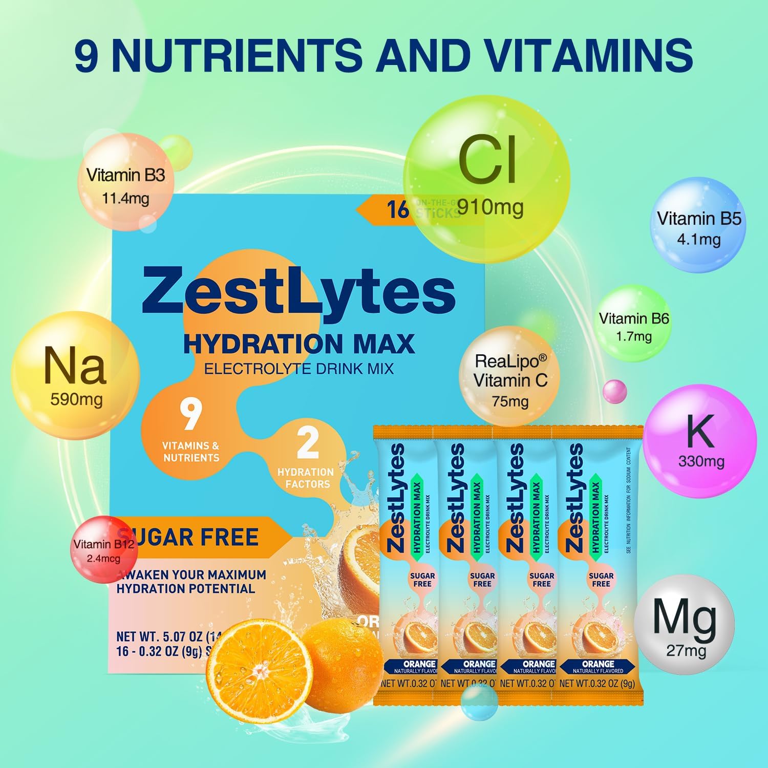 ZestLytes Electrolyte Powder Packets for Hydration with Bold Salty-Sweet Flavor, Sugar Free, 9 Vitamins & Nutrients, 2 Hydration Factors | 16 Sticks