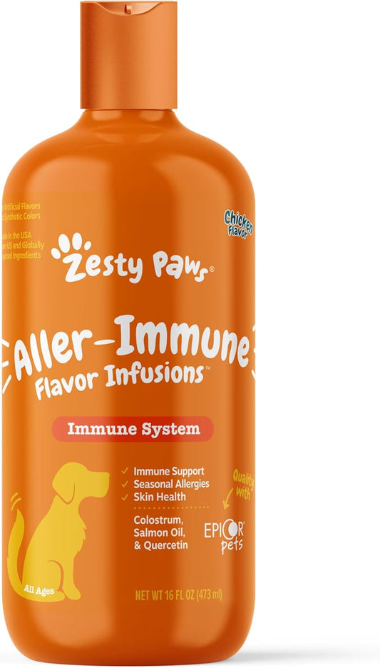 Zesty Paws Allergy & Immune Support Infusions for Dogs - Omega 3 Salmon Oil - Sensitive Skin Relief - EpiCor Pets, Colostrum, Quercetin - Seasonal Allergy Relief - Chicken Flavor - 16 fl oz