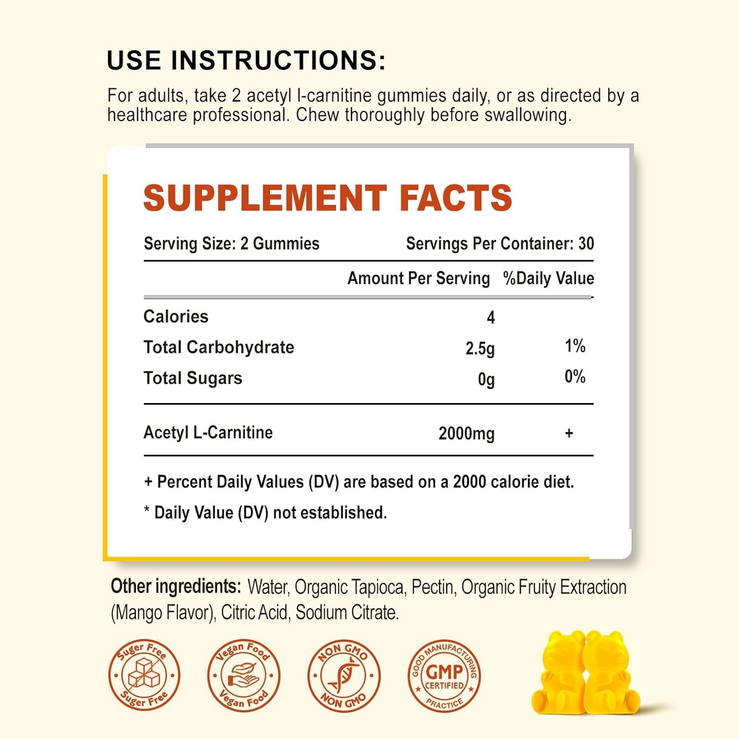 Zetelixia Acetyl L-Carnitine Gummies - Energy-Boosting Supplement for Men & Women, Vegan Mango Flavor, 60 Count