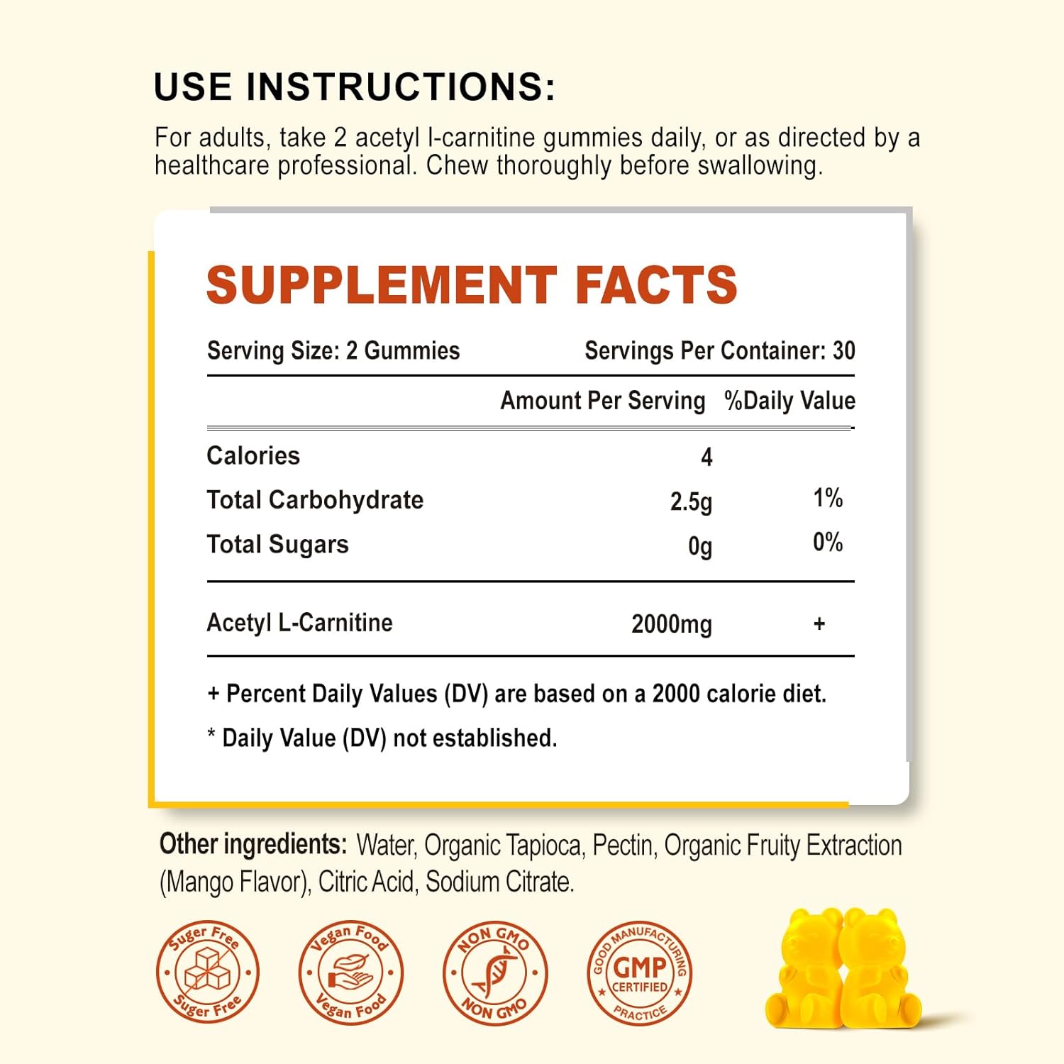 Zetelixia Acetyl L-Carnitine Gummies - Energy-Boosting Supplement for Men & Women, Vegan Mango Flavor, 60 Count