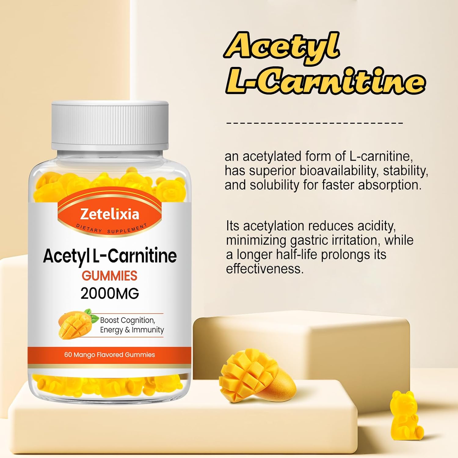 Zetelixia Acetyl L-Carnitine Gummies - Energy-Boosting Supplement for Men & Women, Vegan Mango Flavor, 60 Count