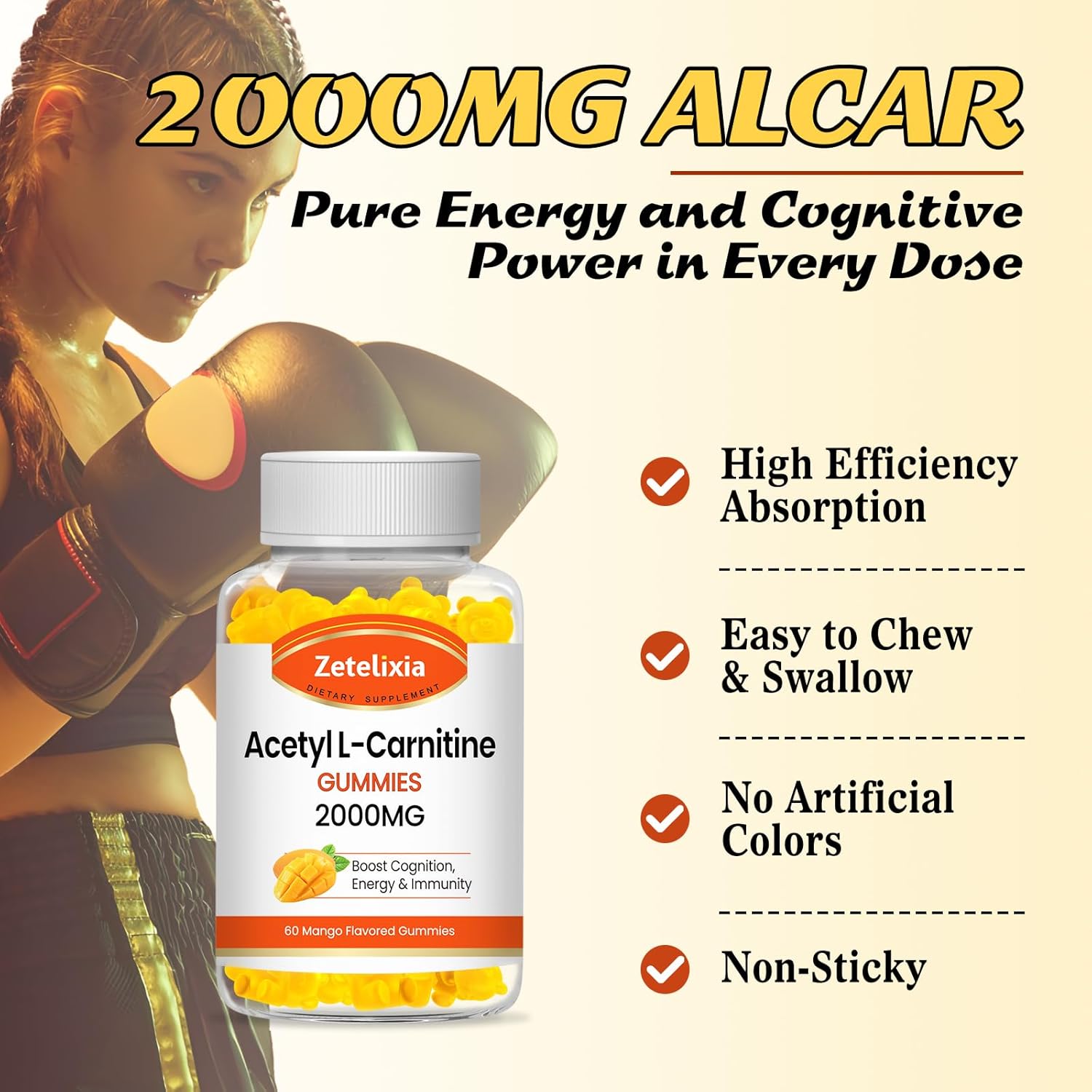 Zetelixia Acetyl L-Carnitine Gummies - Energy-Boosting Supplement for Men & Women, Vegan Mango Flavor, 60 Count