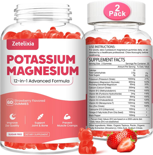 Zetelixia Potassium Magnesium Gummies for Adults & Kids - Multivitamin with Omega-3 & Black Pepper - Supports Muscle, Heart Health - 120ct