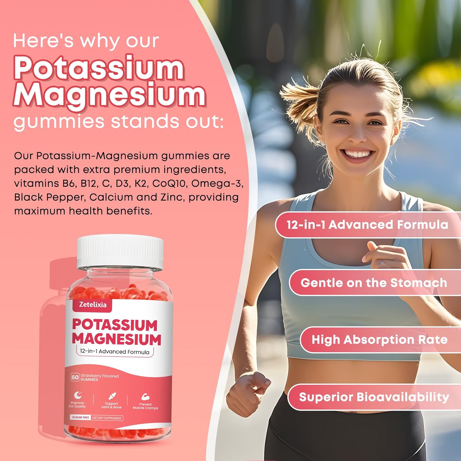 Zetelixia Potassium Magnesium Gummies for Adults & Kids - Multivitamin with Omega-3 & Black Pepper - Supports Muscle, Heart Health - 120ct