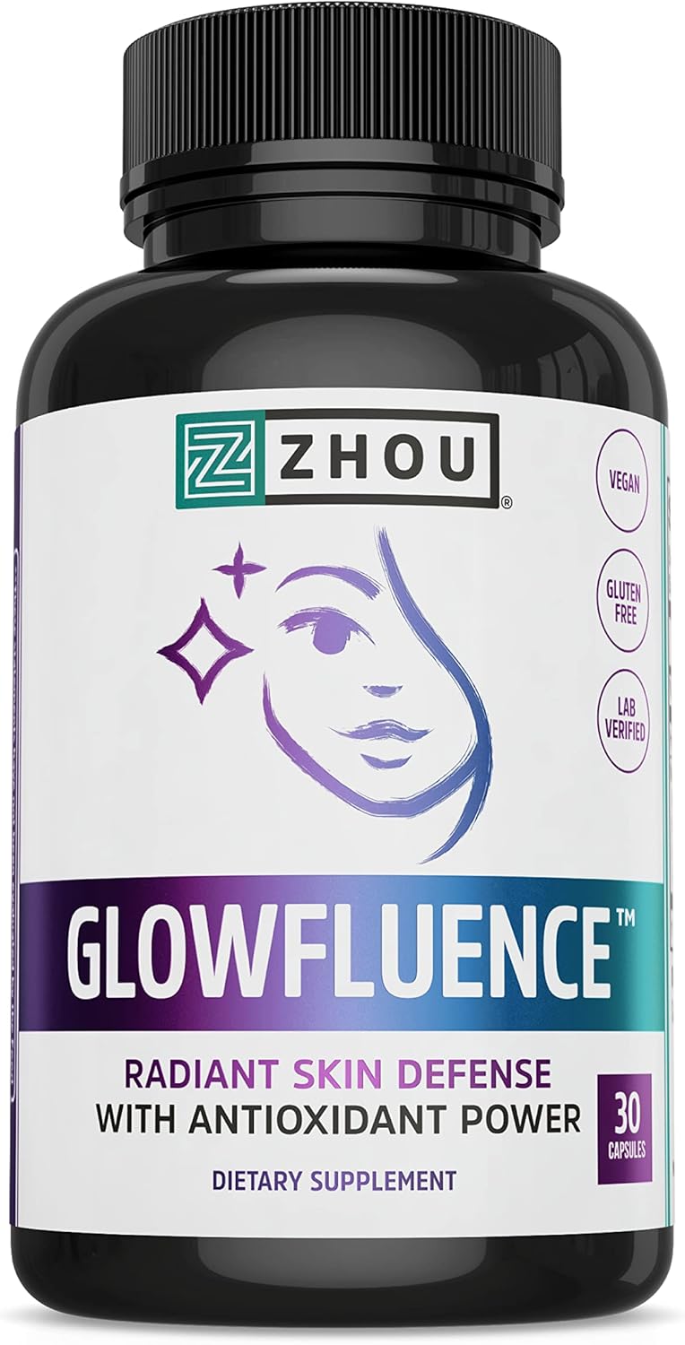 Zhou Glowfluence Hyaluronic Acid Supplement with Vitamin C - Skin Elasticity and Firmness Support for Youthful Radiance - 30 Veg Caps