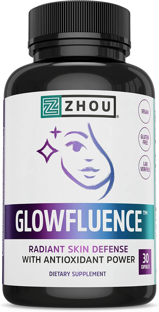 Zhou Glowfluence Hyaluronic Acid Supplement with Vitamin C - Skin Elasticity and Firmness Support for Youthful Radiance - 30 Veg Caps