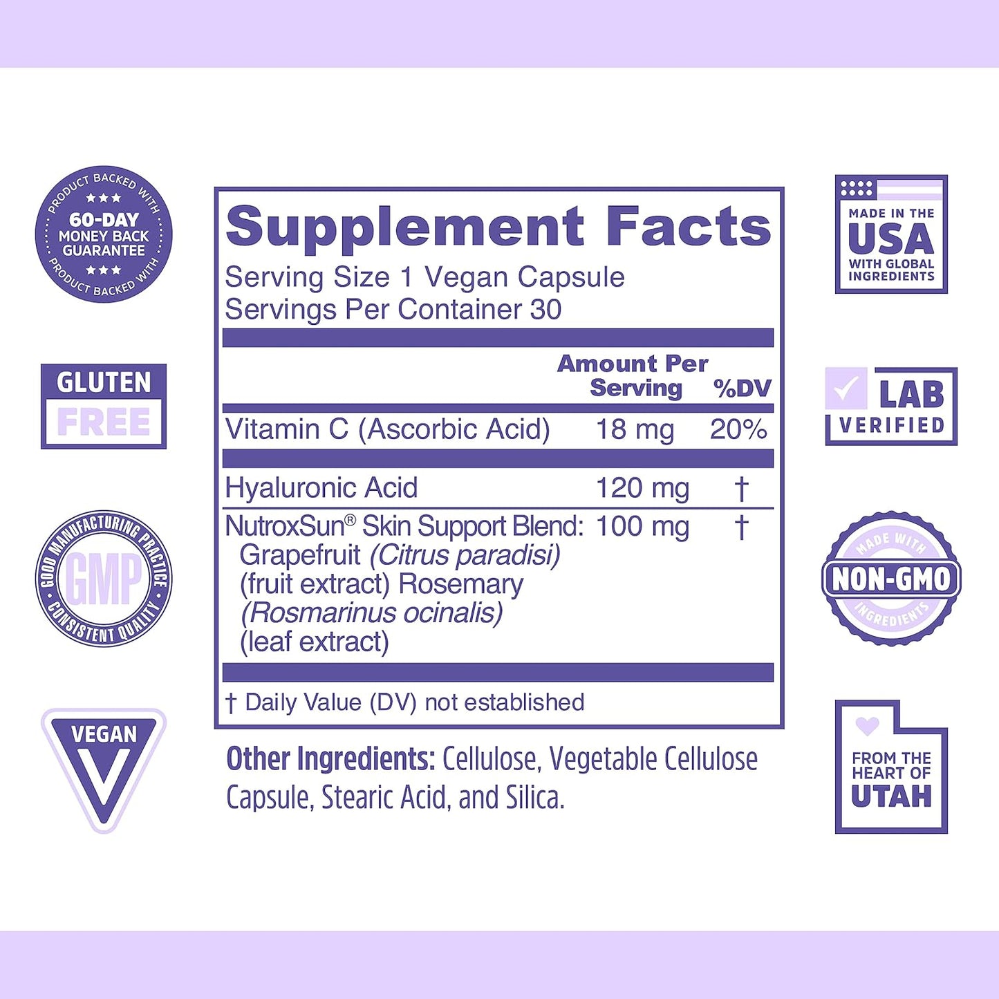 Zhou Glowfluence Hyaluronic Acid Supplement with Vitamin C - Skin Elasticity and Firmness Support for Youthful Radiance - 30 Veg Caps