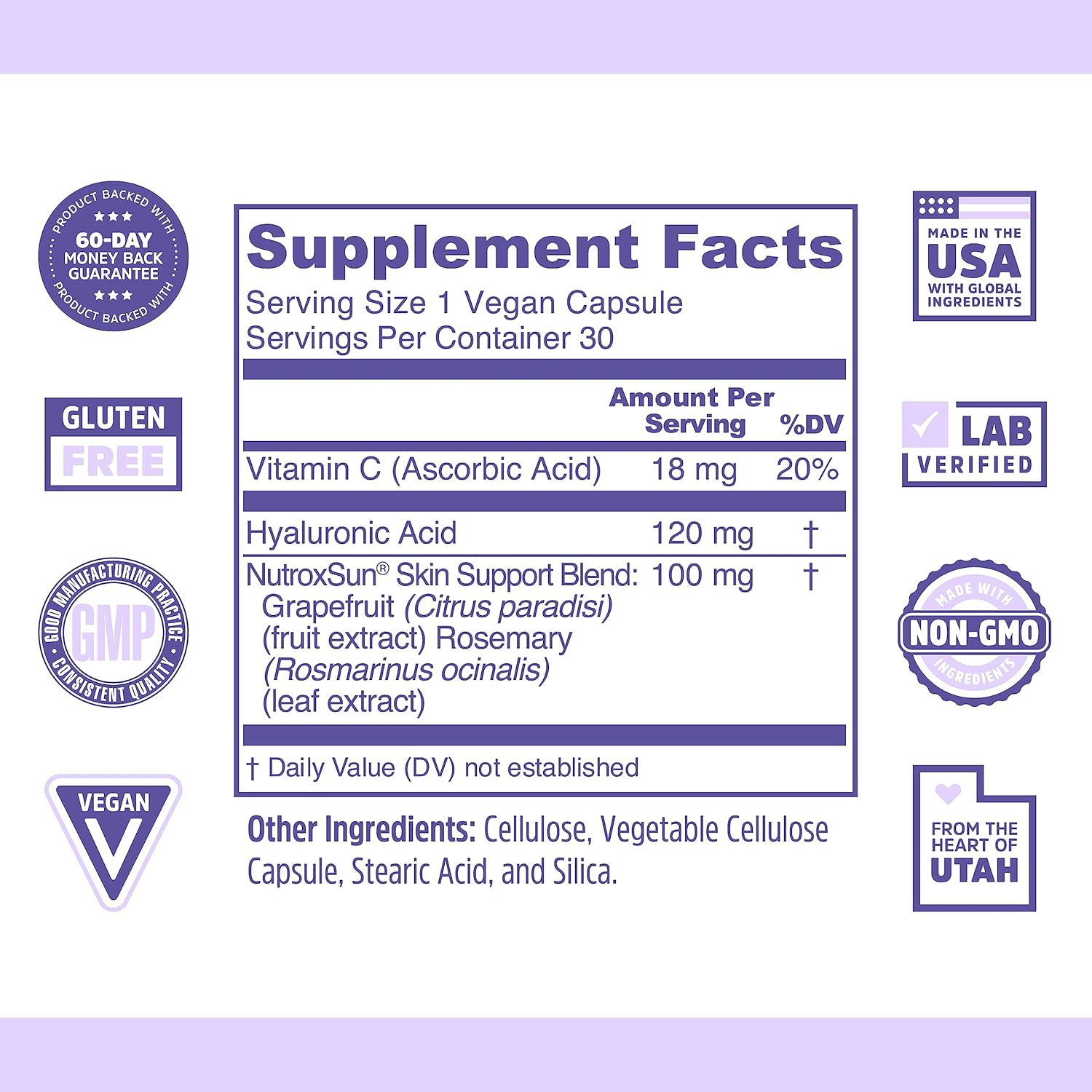 Zhou Glowfluence Hyaluronic Acid Supplement with Vitamin C - Skin Elasticity and Firmness Support for Youthful Radiance - 30 Veg Caps