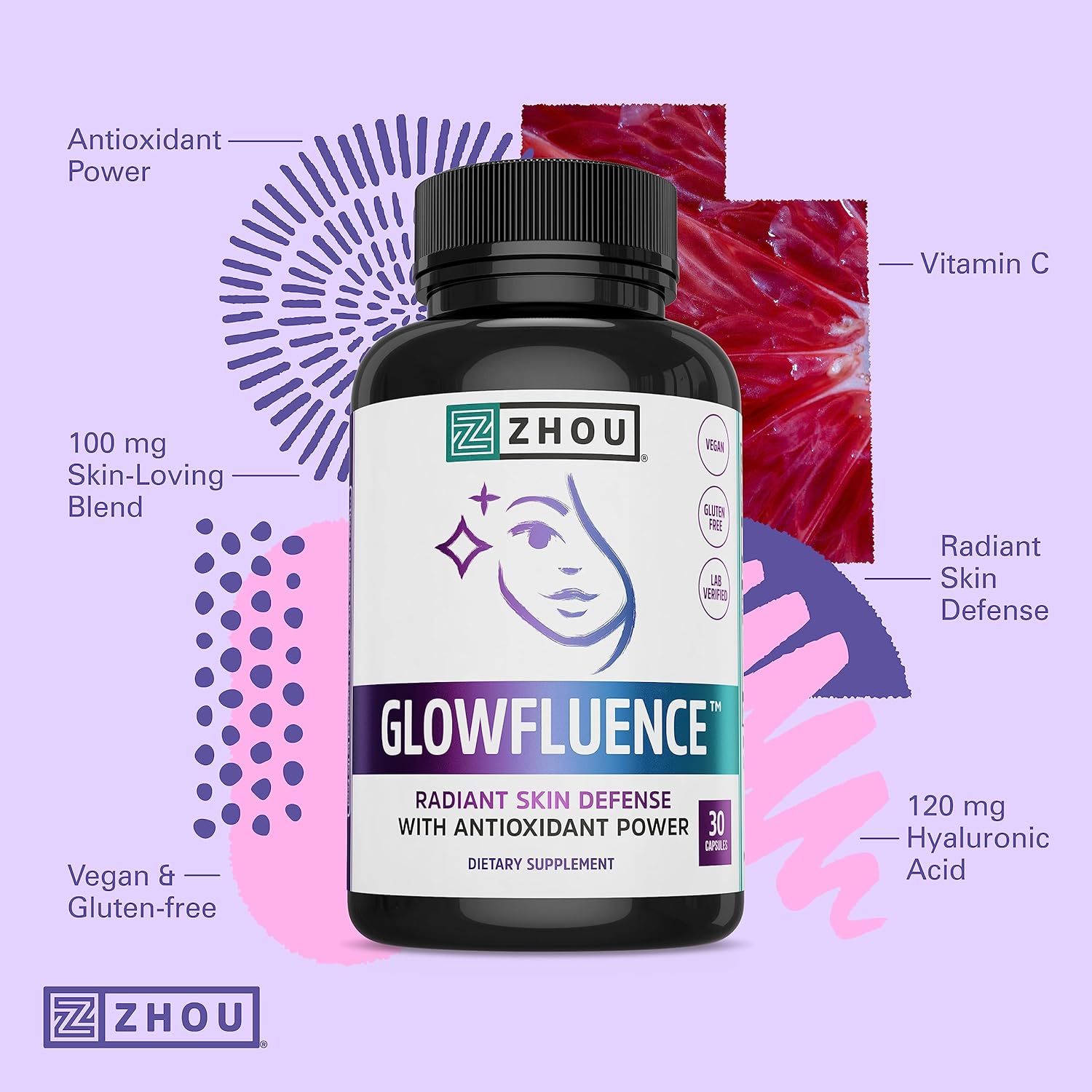 Zhou Glowfluence Hyaluronic Acid Supplement with Vitamin C - Skin Elasticity and Firmness Support for Youthful Radiance - 30 Veg Caps