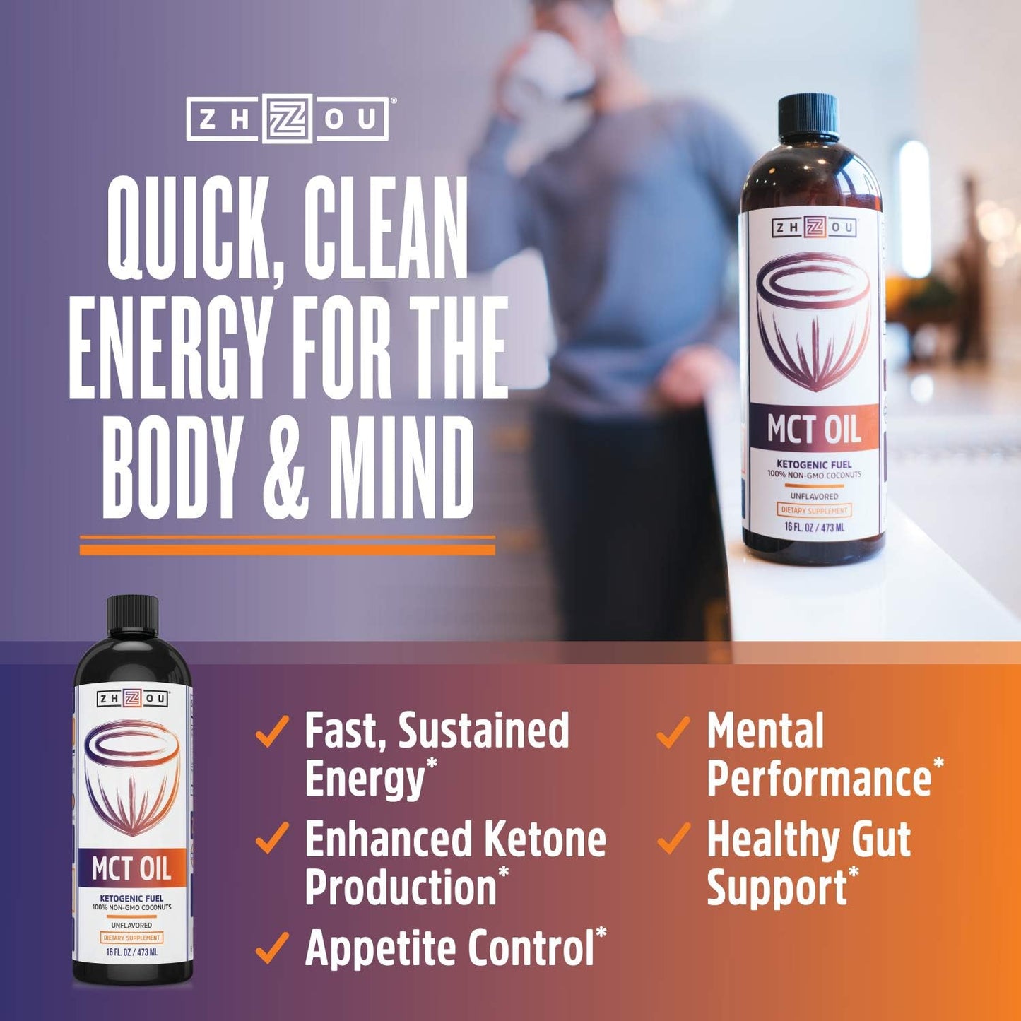 Zhou MCT Oil Ketogenic Fuel | Boost Energy Levels Naturally | 16 oz Bottle