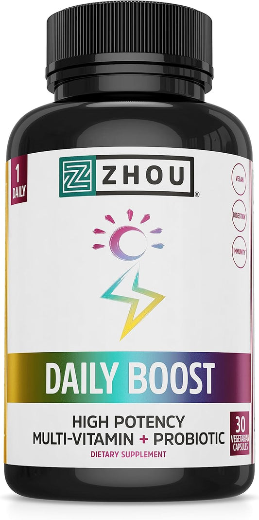 Zhou Nutrition Daily Boost Multivitamin with Probiotic, Zinc, Vitamin C, D3, B Complex - Immune Support & Energy - Vegan, Gluten Free - 30 Servings