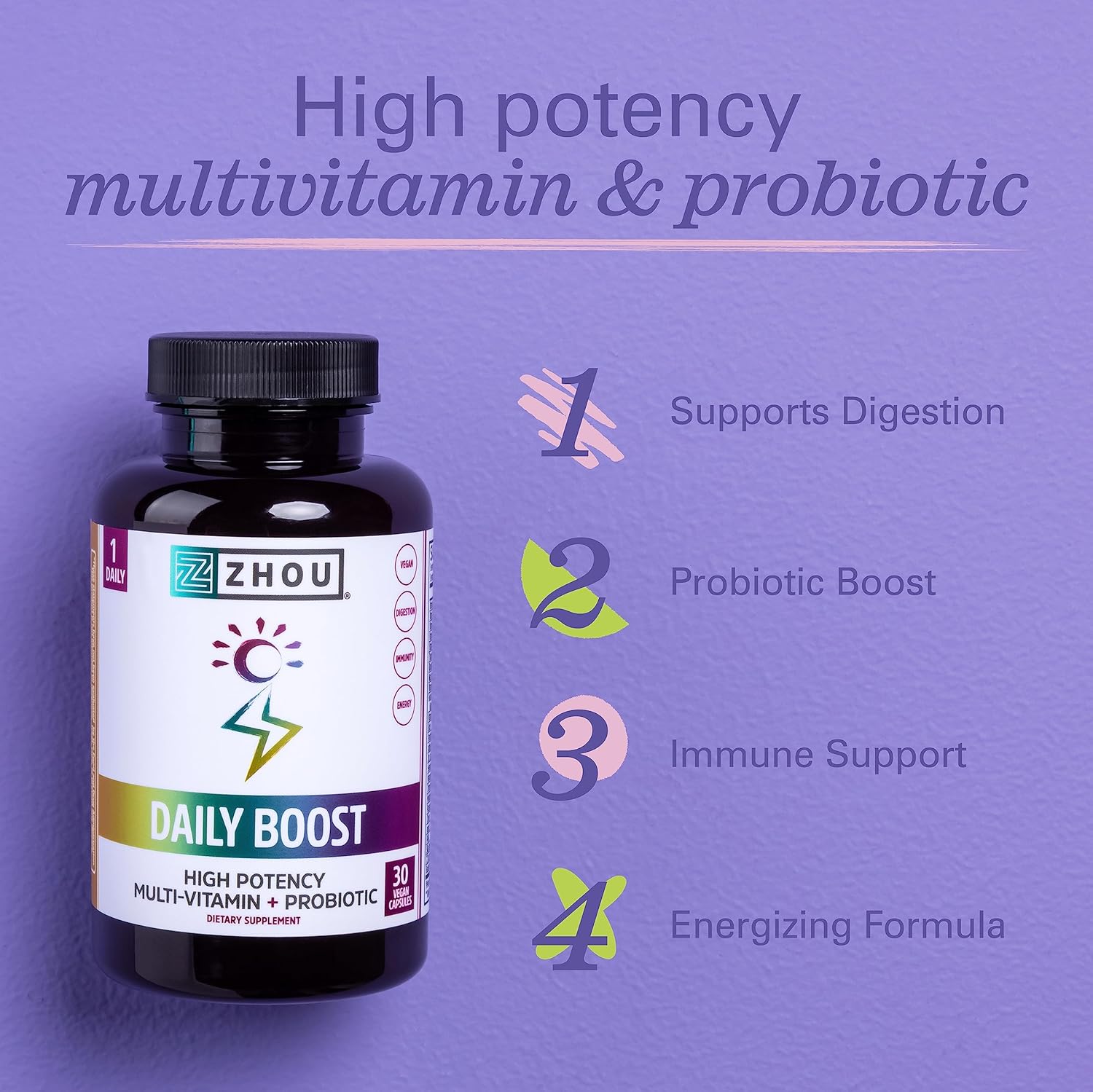 Zhou Nutrition Daily Boost Multivitamin with Probiotic, Zinc, Vitamin C, D3, B Complex - Immune Support & Energy - Vegan, Gluten Free - 30 Servings