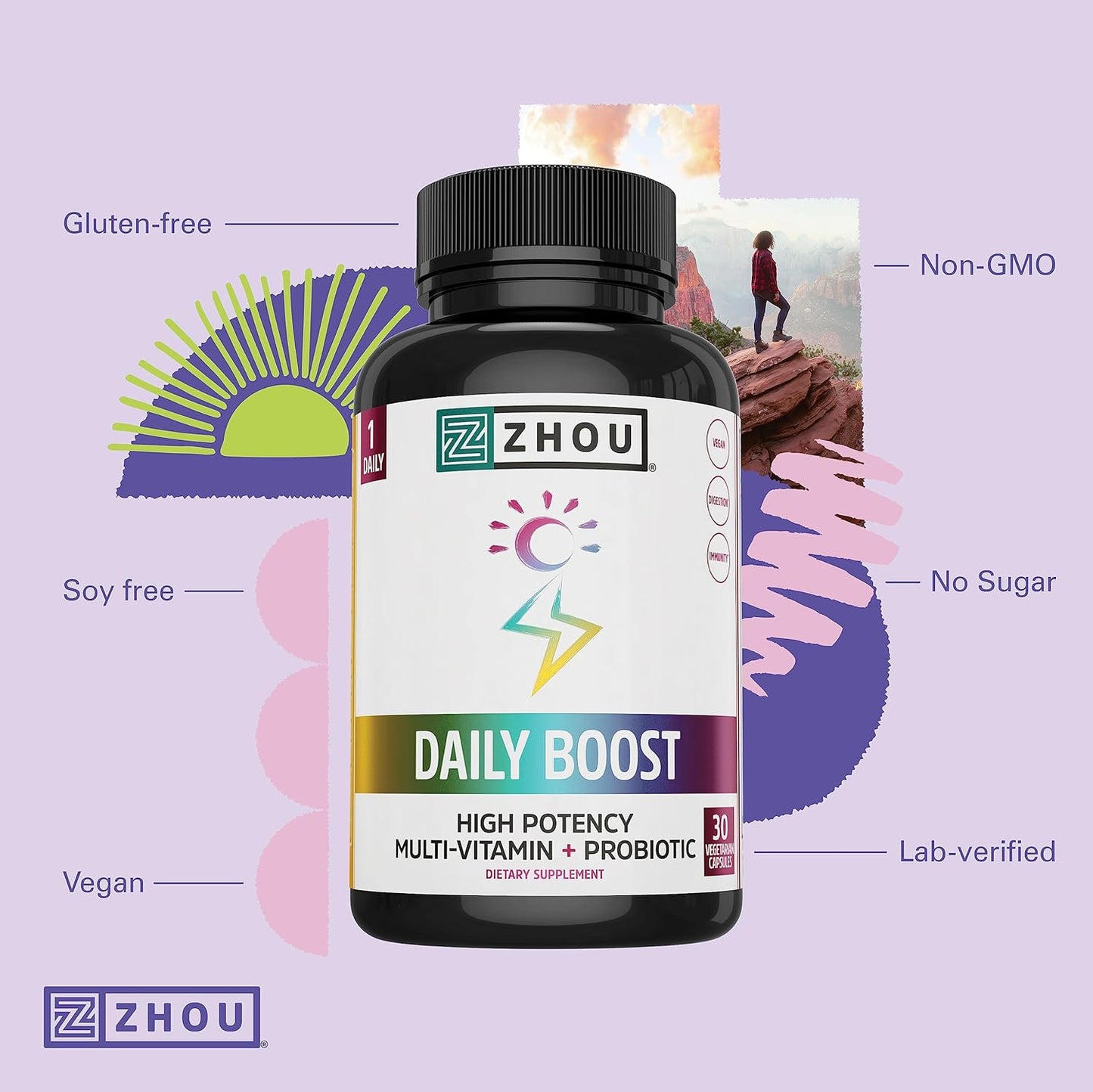 Zhou Nutrition Daily Boost Multivitamin with Probiotic, Zinc, Vitamin C, D3, B Complex - Immune Support & Energy - Vegan, Gluten Free - 30 Servings